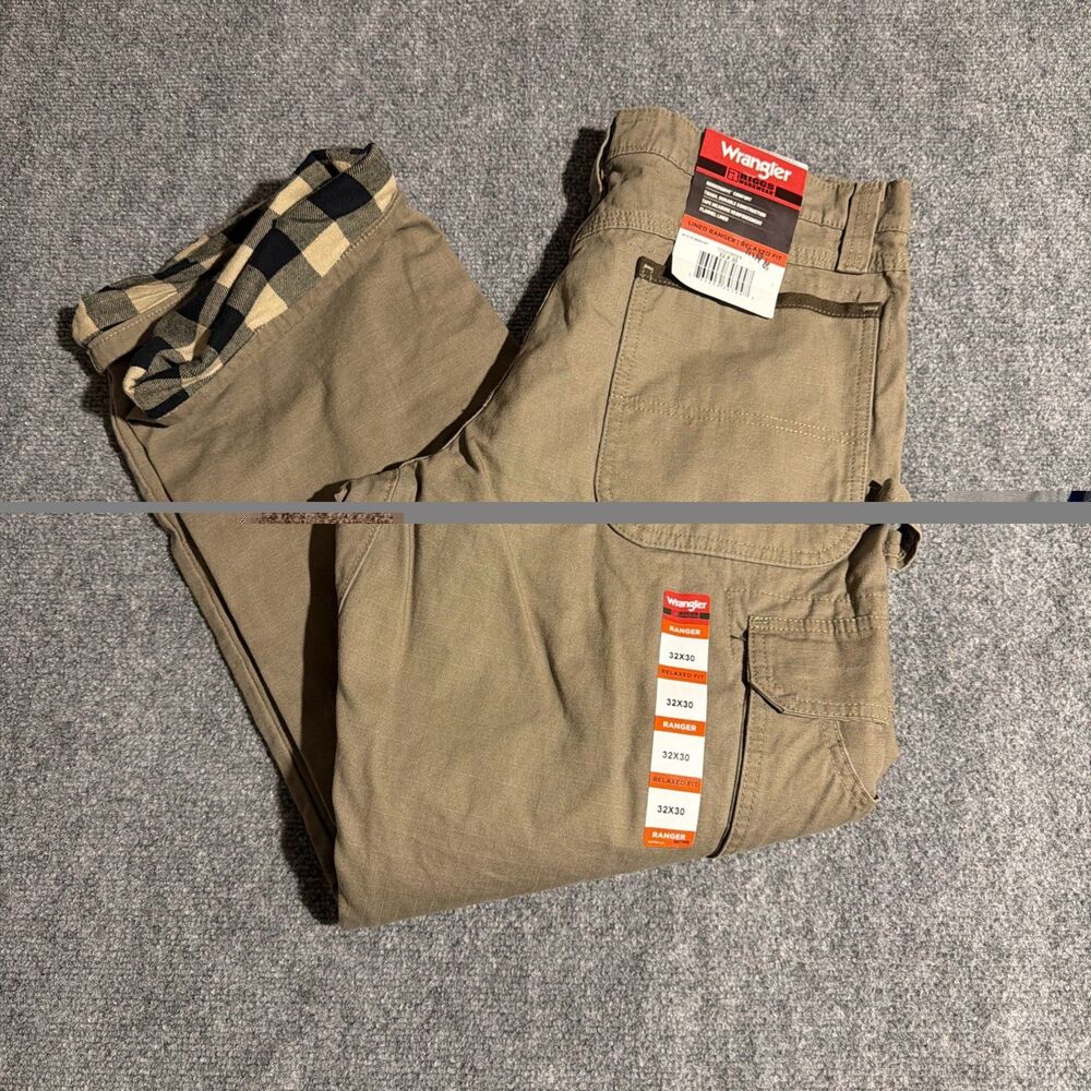 NEW Wrangler Riggs Workwear Pants Men 32x30 Tan Flannel Lined Double Knee Cargo